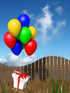 Gift box flying with ballons Stock Illustration
