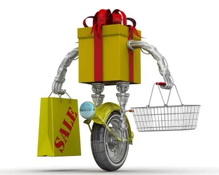 Gift box in the form of a robot on the wheel with food basket and shopping bags 스톡 일러스트