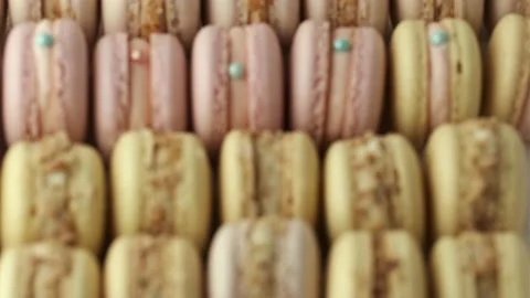 Gift box full of fresh yellow and pink macaroons cookies. Stock Footage 219001607