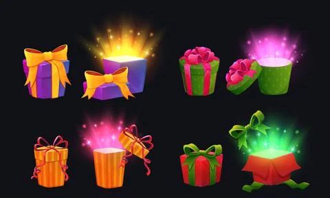 Gift box game. Magic cartoon present with ribbon, icon open glowing stars s.. Stock Illustration