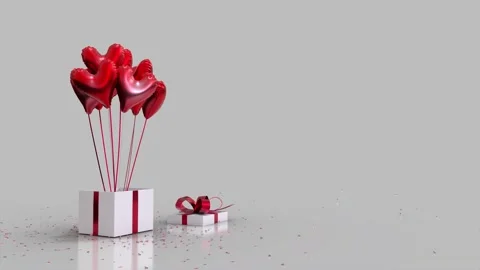 Gift Box Glitter Explode And Heart Shaped Balloons Fly Out White Red Stock Footage 230019898