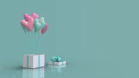 Gift Box Glitter Explode And Heart Shaped Balloons Fly Out Blue and Pastel Stock Footage 230019899
