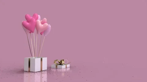 Gift Box Glitter Explode And Heart Shaped Balloons Fly Out shades of pink Stock Footage 230893943