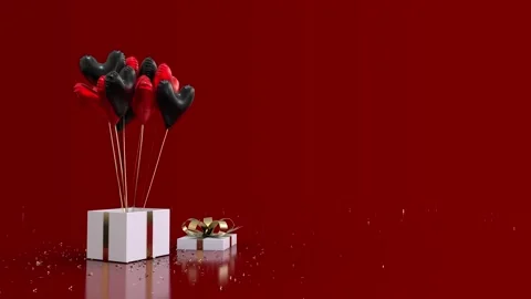 Gift Box Glitter Explode And Heart Shaped Balloons Fly Out Black Red Stock Footage 231396587