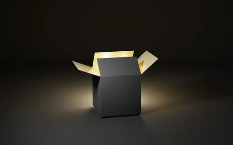 Gift box with gold light on dark background, magic container opens, surprise Stock Illustration