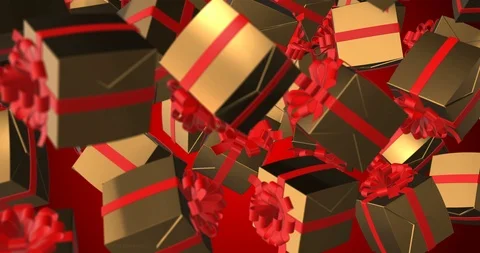 Gift box gold red close up falling slow motion Stock Footage 108135374