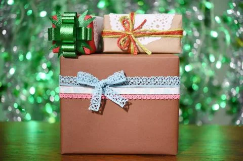 Gift box on green background Stock Photos