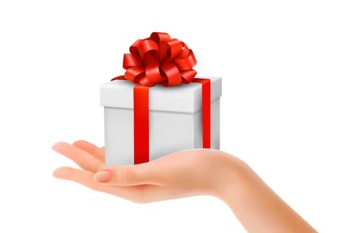 Gift box in hand with red bow and ribbons. vector. Stock Illustration