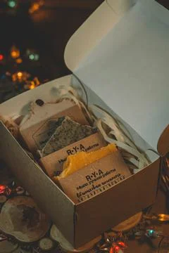 Gift box with handmade soap from RYA. New Year's gift. Russian text on the Stock Photos
