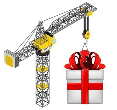 Gift box hanged on isolated crane drawing vector illustration Ilustración de archivo