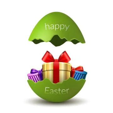 Gift box Happy Easter egg surprise. Broken green Easter 3D egg, isolated on w Stock Illustration