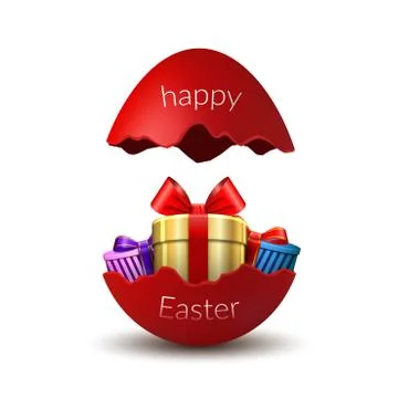 Gift box Happy Easter egg surprise. Broken red Easter 3D egg, isolated on whi 스톡 일러스트