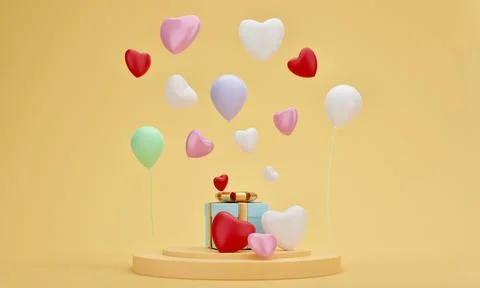 Gift box, heart and balloon on presentation podium with yellow pastel backgro Stock Illustration