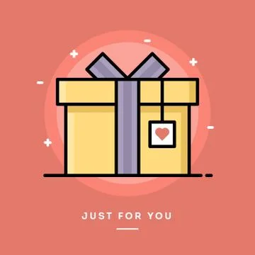 Gift box with heart tag, flat design thin line banner Stock Illustration