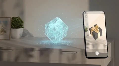 Gift box hologram stand on table phone display augmented reality Illustrazione stock