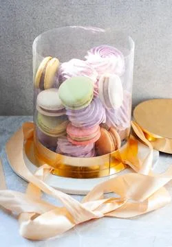Gift box with homemade pastel marshmallows and macarons. Healthy sweet cute.. Stock Photos
