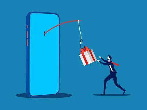 Gift box on hook coming out of smartphone Illustrazione stock