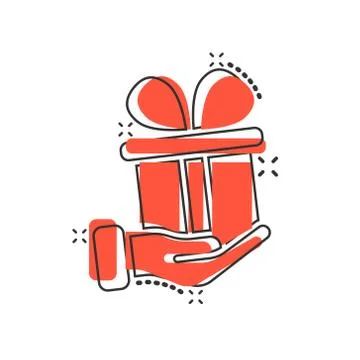 Gift box icon in comic style. Present on hand cartoon vector illustration on  Stock Illustration