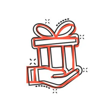 Gift box icon in comic style. Present on hand cartoon vector illustration on  Stock Illustration