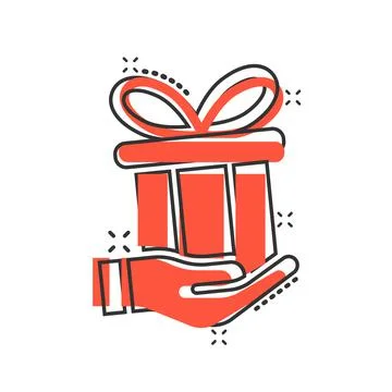 Gift box icon in comic style. Present on hand cartoon vector illustration on  Stock Illustration