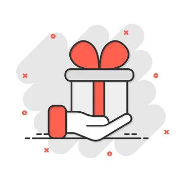 Gift box icon in comic style. Present on hand cartoon vector illustration on  Stock Illustration