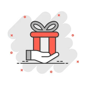 Gift box icon in comic style. Present on hand cartoon vector illustration on  Stock Illustration