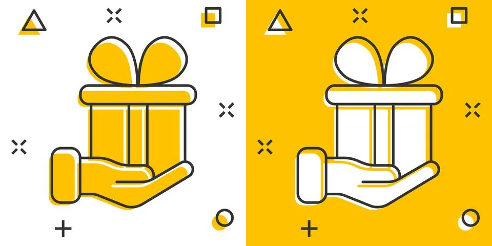 Gift box icon in comic style. Present on hand cartoon vector illustration on  Stock Illustration