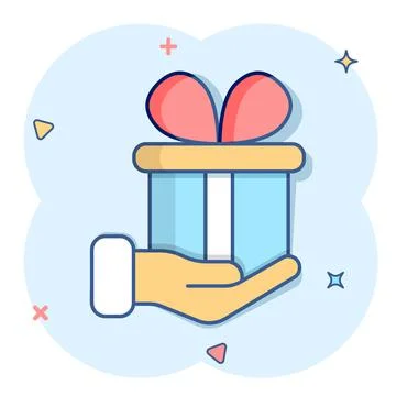 Gift box icon in comic style. Present on hand cartoon vector illustration on  Stock Illustration