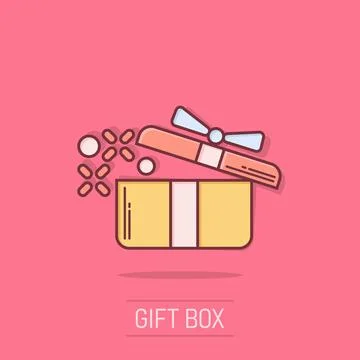 Gift box icon in comic style. Magic case vector cartoon illustration on iso.. Illustrazione stock