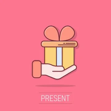 Gift box icon in comic style. Present on hand cartoon vector illustration o.. Stock Illustration