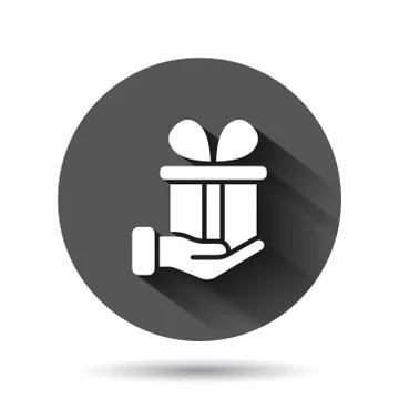 Gift box icon in flat style. Present on black round background with long shad Illustration