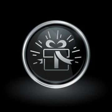 Gift box icon inside round silver and black emblem Stock Illustration