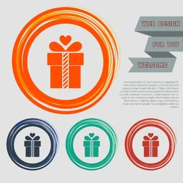 Gift box icon on the red, blue, green, orange buttons for your website and de Stock Illustration