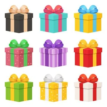 Gift box icon set collection in flat style. Prize with ribbon bow vector il.. Stock Illustration