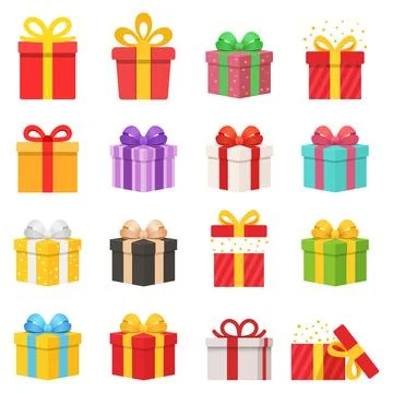 Gift box icon set collection in colorful flat style. Prize with ribbon bow .. 스톡 일러스트