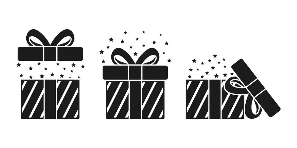 Gift box icon set collection in silhouette flat style. Prize with ribbon bo.. Stock Illustration