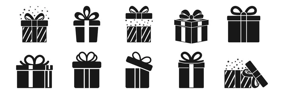 Gift box icon set collection in silhouette flat style. Prize with ribbon bo.. Stock Illustration