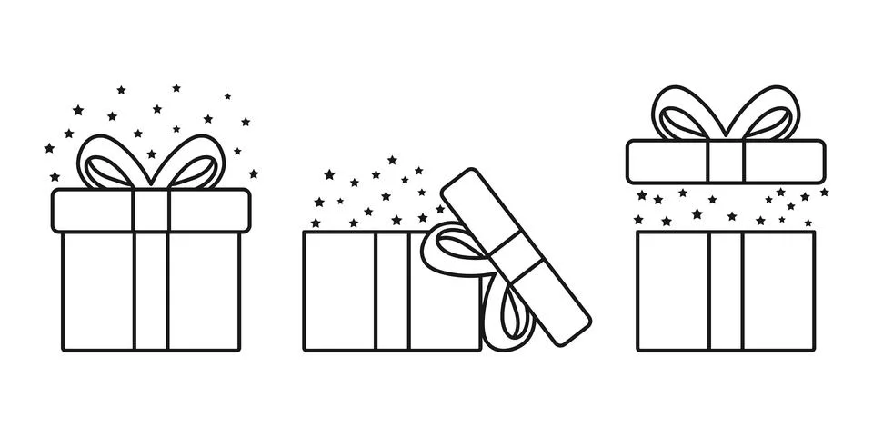 Gift box icon set collection in outline stroke flat style. Prize with ribbo.. Stock Illustration