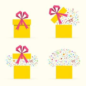 Gift box icon set with confetti. Surprise package with ribbon and bow.  Stock Illustration