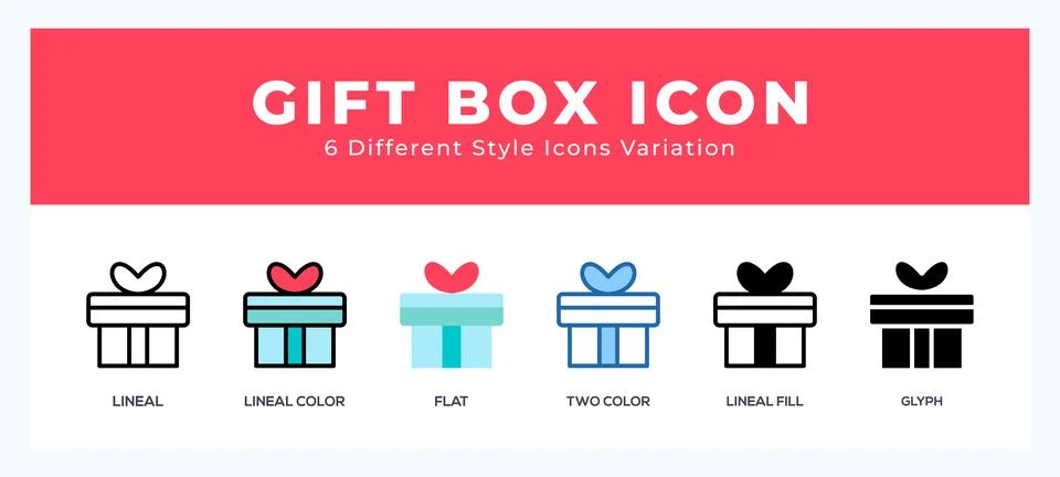 Gift box icon set with different styles. Vector illustration. Illustrazione stock