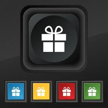 Gift box icon symbol. Set of five colorful, stylish buttons on black texture for Stock Illustration