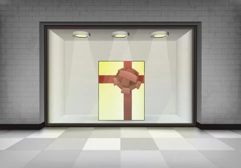 Gift box in illuminated storefront vitrine Stock Illustration