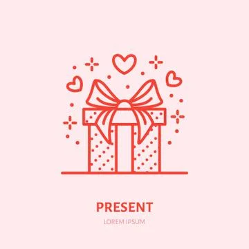Gift in box illustration. Flat line icon, souvenir shop logo. Valentines day Stock Illustration