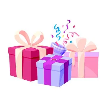 Gift box invitation set bow confetti colorful flat Stock Illustration