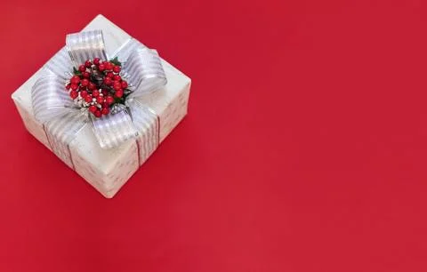 Gift box is isolated on a red background with copy space Stock Photos