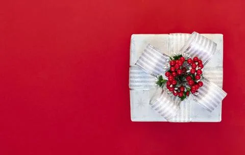 Gift box is isolated on a red background with copy space Stock Photos