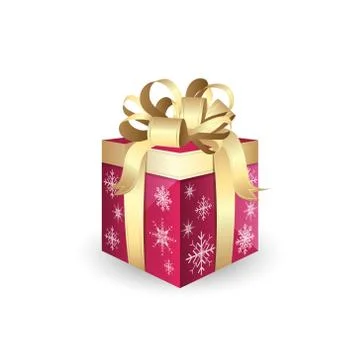 Gift box isolated on white background with gold decorative ribbon and snowfla Stock Illustration