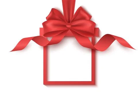 Gift box label with realistic red bow and curly ribbon. Ad tag Stock Illustration