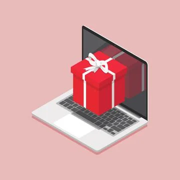 Gift box on laptop screen isometric view Stock Illustration