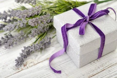 Gift box with lavender Stock Photos